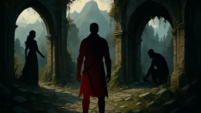 Кадр из игры The Blood of Dawnwalker, показывающий главного героя в драматической ситуации выбора.