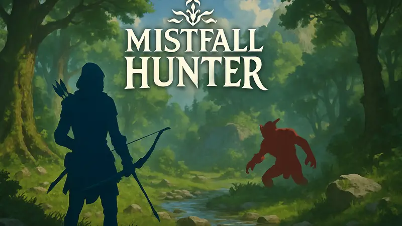 Логотип игры Mistfall Hunter на фоне игрового процесса с улучшенной производительностью.