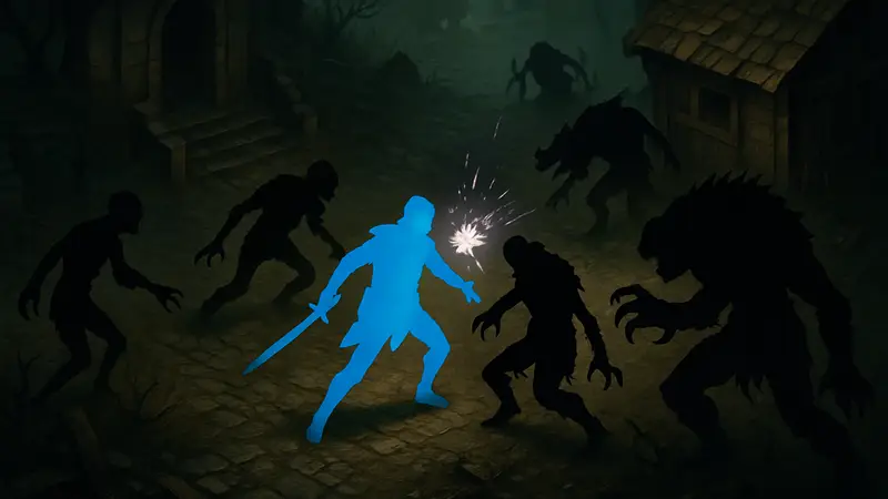 Игровой скриншот Darkhaven с мрачной атмосферой, показывающий героя в бою с монстрами в фэнтези-сеттинге. Вид сверху, элементы ARPG.
