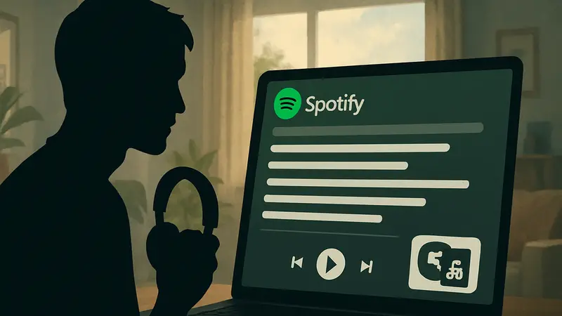 Интерфейс Spotify с отображением текста песни и кнопкой перевода, символизирующий новые функции сервиса.