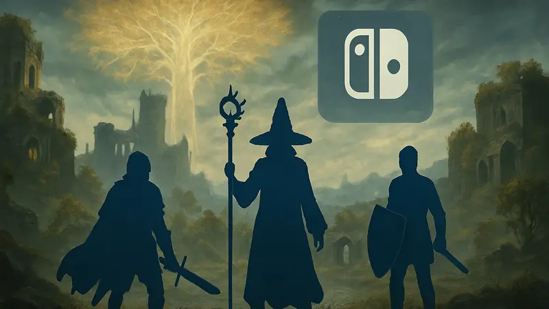 Загадочный пейзаж из Elden Ring с элементами, указывающими на новые классы и снаряжение, возможно, с логотипом Switch 2.