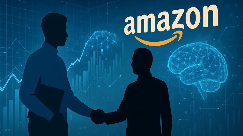 Стартап Odyssey получает инвестиции, логотип Amazon на фоне графиков ИИ