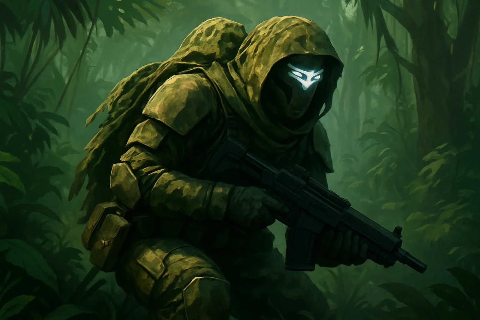 Игровой персонаж Helldivers 2 в маскировочном костюме на фоне джунглей, выполняющий скрытную миссию.