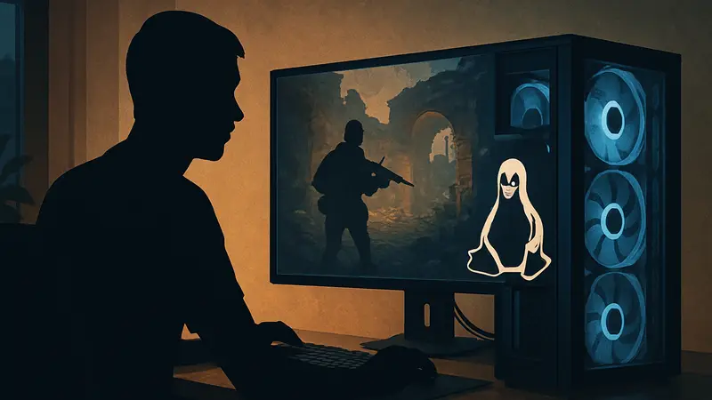 Игровой ПК с логотипом Linux, демонстрирующий улучшенный опыт гейминга