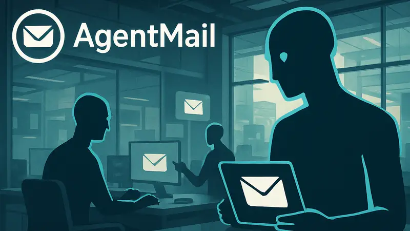 Логотип AgentMail и иллюстрация ИИ-агентов, использующих электронную почту