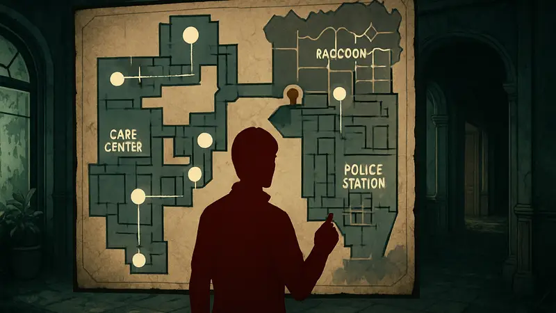 Интерактивная карта локации Care Center или Raccoon City из Resident Evil Requiem с отмеченными точками интереса.