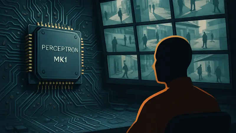 Изображение чипа ИИ Perceptron Mk1, анализирующего видеопоток с мониторов наблюдения.