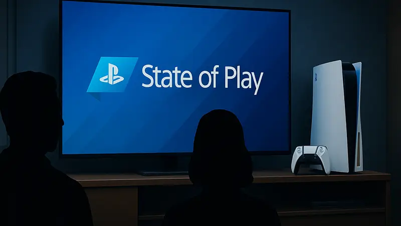 Логотип State of Play на экране PlayStation 5, стилизованный под презентацию