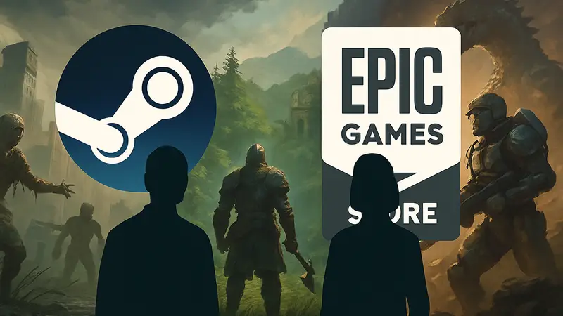 Логотипы Steam и Epic Games Store на фоне бесплатных игр, сравнение игровых платформ