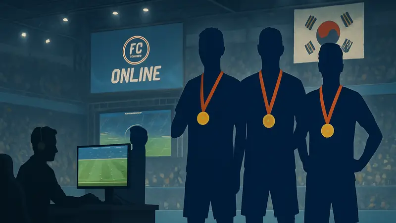 Игроки в FC Online на киберспортивном турнире в Южной Корее, с медалями