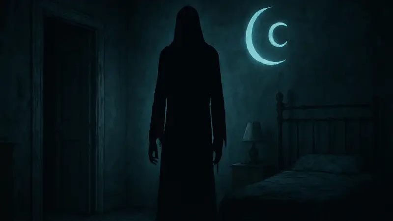 Изображение, намекающее на фильм ужасов, с мистической фигурой и логотипом Paranormal Activity.