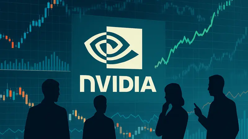 Логотип Nvidia на фоне финансовых графиков Уолл-стрит и инвесторов