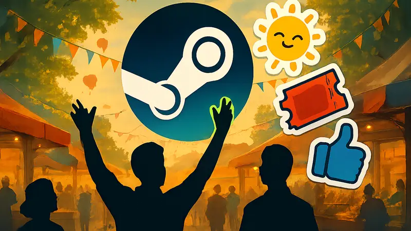 Логотип Steam на фоне летней распродажи, бесплатные стикеры Steam, халява