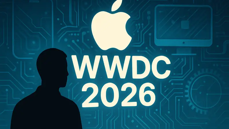 Логотип WWDC 2026 на фоне абстрактных технологических элементов Apple