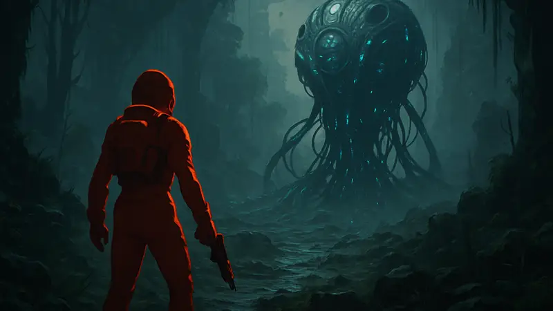 Кадр из геймплея научно-фантастического рогалика Saros от Housemarque, напоминающего Returnal.