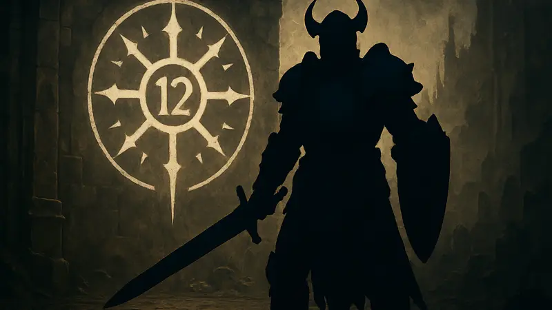 Паладин из Diablo 4 в эффектной броне, готовящийся к битве на фоне символики 12 сезона.