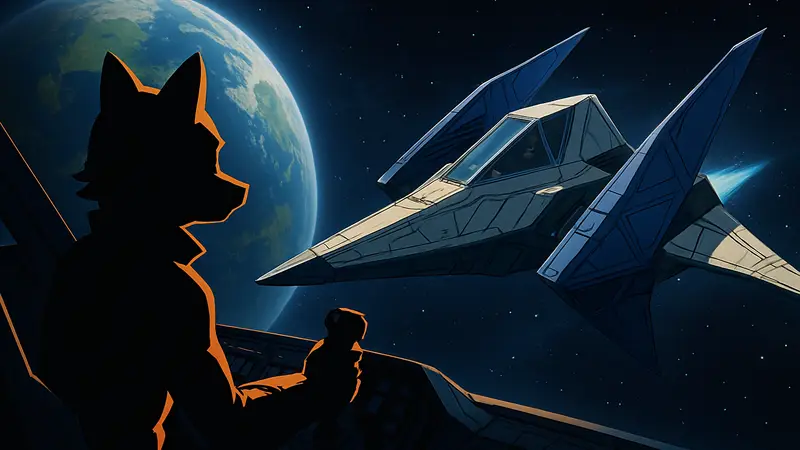 Лиса МакКлауд в кабине Арвинга, летящий в космосе на фоне планеты из игры Star Fox