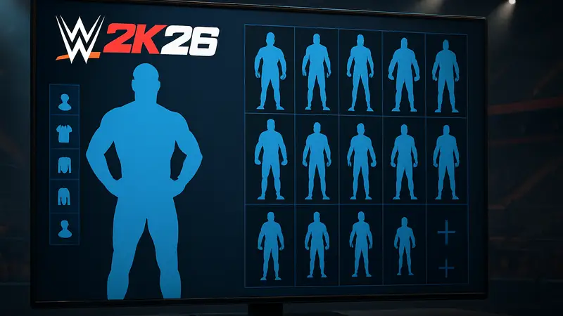 Экран кастомизации персонажа в WWE 2K26 с удвоенными слотами для создания суперзвёзд рестлинга.