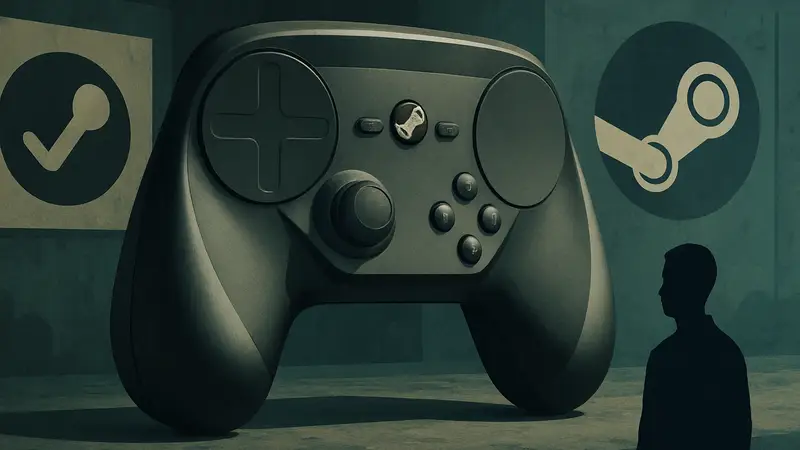 Игровой контроллер Steam Controller с логотипами Valve и Steam.