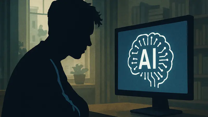 Молодой человек из поколения Z, смотрящий на экран с символом искусственного интеллекта, отражающий сложное отношение к ИИ.