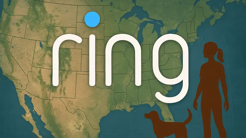 Логотип Ring на фоне карты США, символизирующий распространение функции поиска потерянных соба к по всей стране.