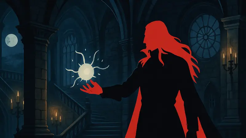 Алукард из Castlevania: Symphony of the Night в готическом замке, использующий магию.