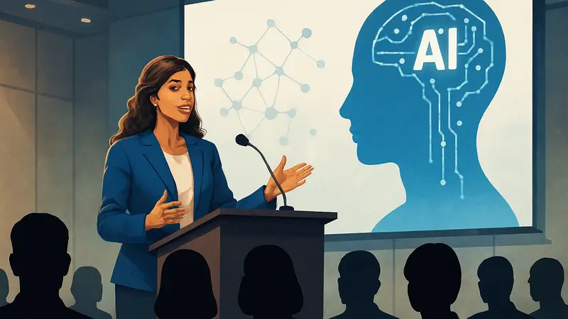 Рана эль Калиуби выступает на конференции, тема: влияние ИИ на общество.