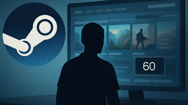 Логотип Steam и интерфейс магазина с информацией о частоте кадров.