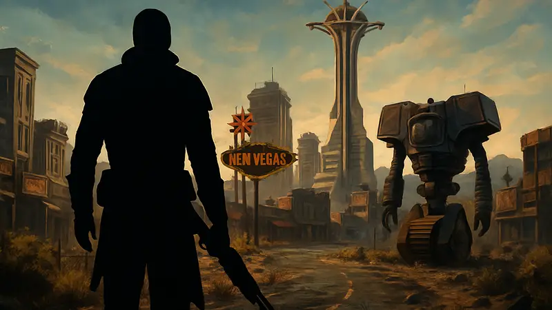 Скриншот из Fallout New Vegas с улучшенной графикой благодаря модам, на котором изображен протагонист
