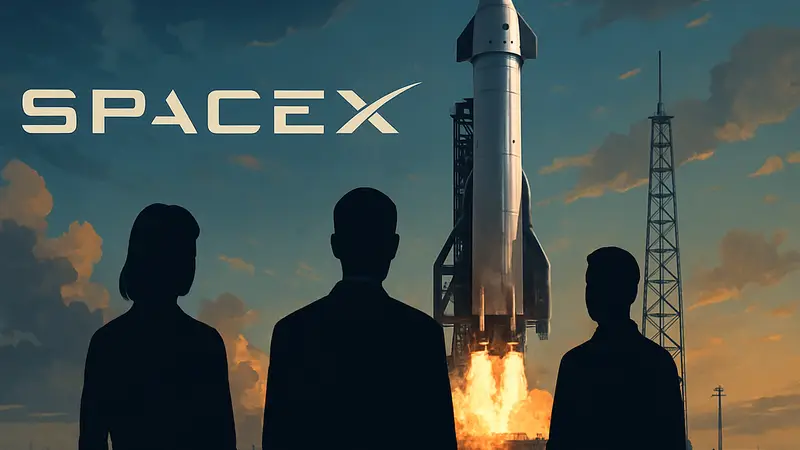 Логотип SpaceX на фоне космического корабля, готовящегося к запуску