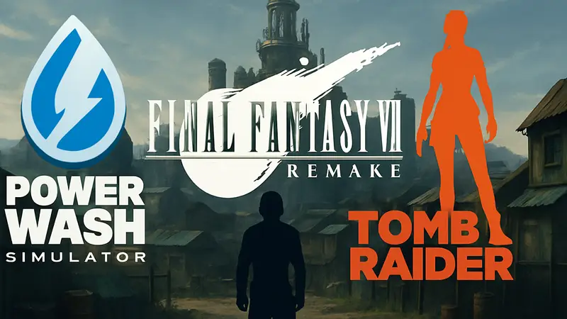 Логотипы PowerWash Simulator, Final Fantasy VII Remake и Tomb Raider на фоне локации
