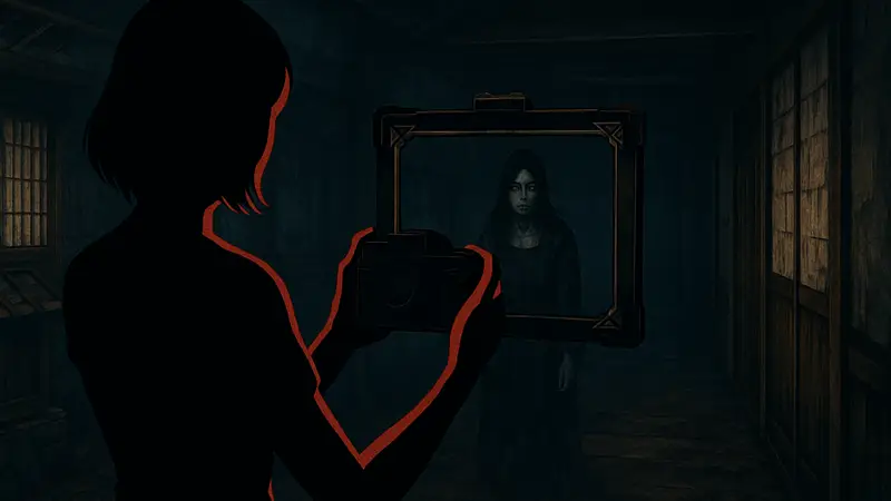 Скриншот из Fatal Frame II: Crimson Butterfly Remake, показывающий геймплей с камерой-обскурой.