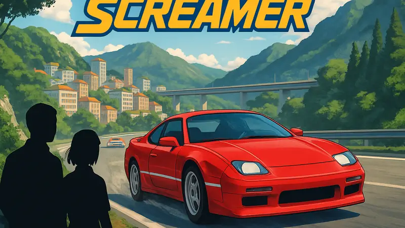 Обложка игры Screamer: новый аркадный гоночный симулятор с аниме-графикой.