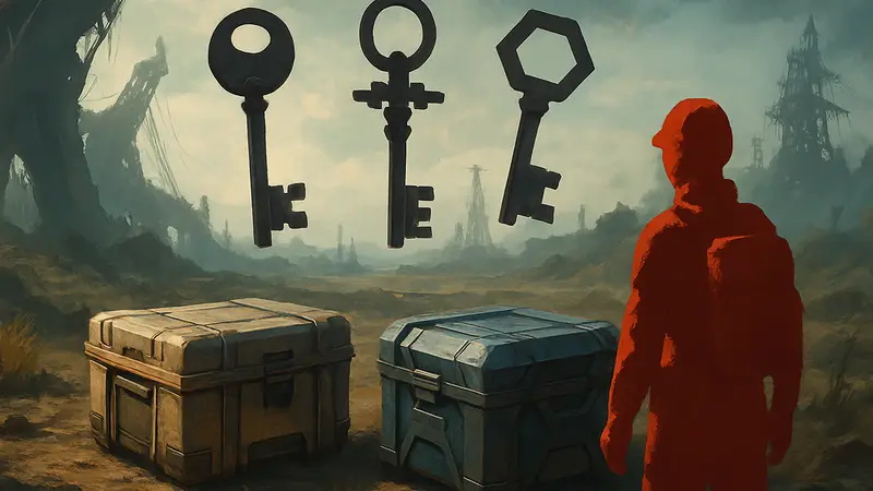 Изображение ключей и сундуков с лутом на фоне постапокалиптического мира ARC Raiders