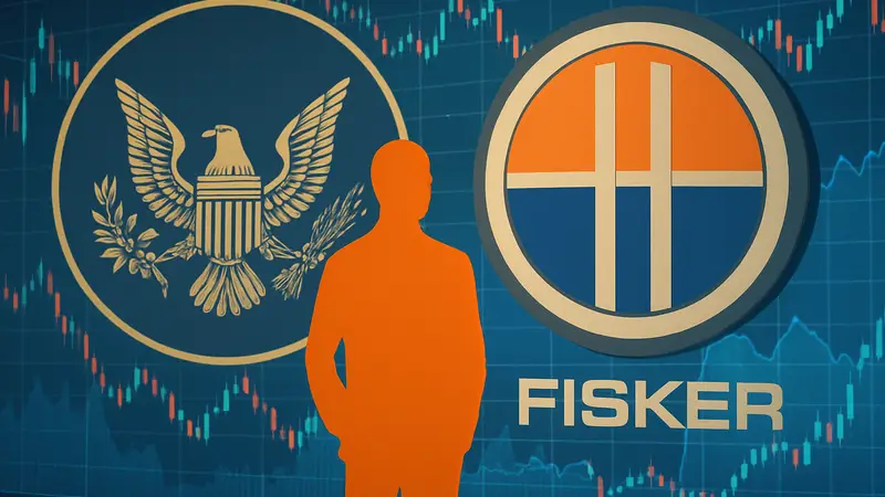 Логотип SEC и компании Fisker на фоне фондовых графиков, символизирующий завершение расследования.