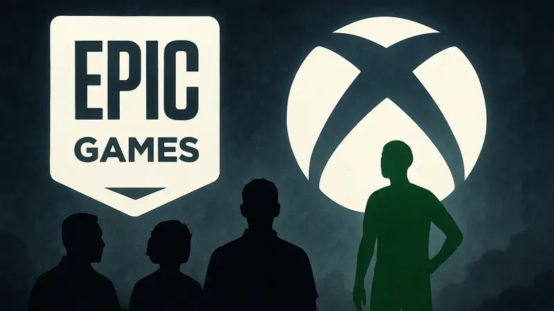 Логотип Epic Games и стилизованный значок консоли Xbox нового поколения на темном фоне.