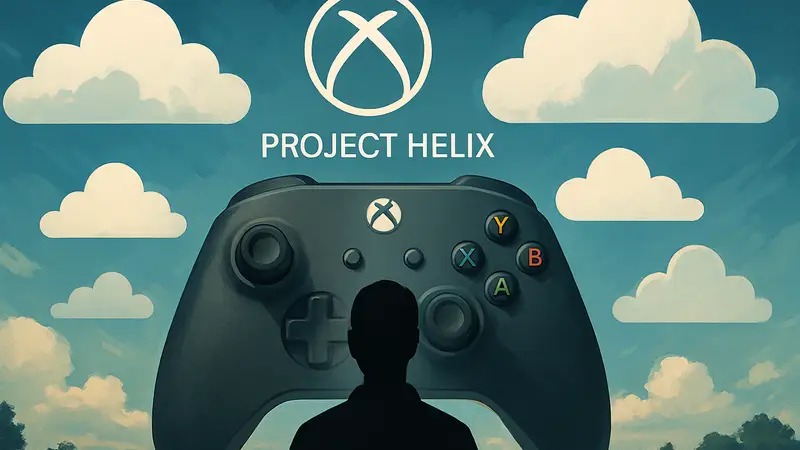 Xbox Project Helix логотип на фоне контроллера и облачных символов, отражающий новую стратегию Microsoft.