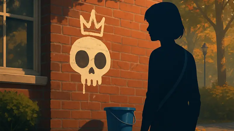 Главная героиня Макс Колфилд в игре Life Is Strange: Double Exposure рядом с граффити и ведром