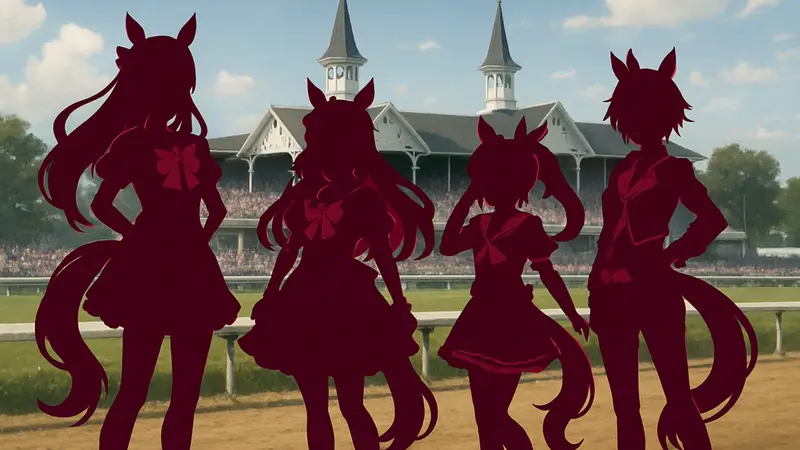 Персонажи Umamusume: Pretty Derby, стилизованные под скаковых лошадей Kentucky Derby 2026, на фоне ипподрома.