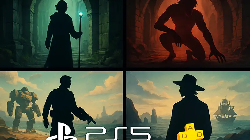 Коллаж обложек новых игр, выходящих на PS5, PS4 и PS Plus
