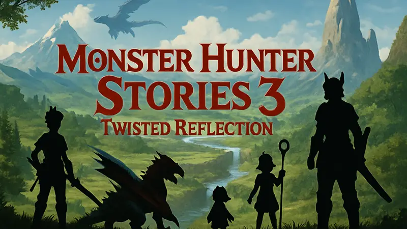 Логотип Monster Hunter Stories 3: Twisted Reflection на фоне игрового мира