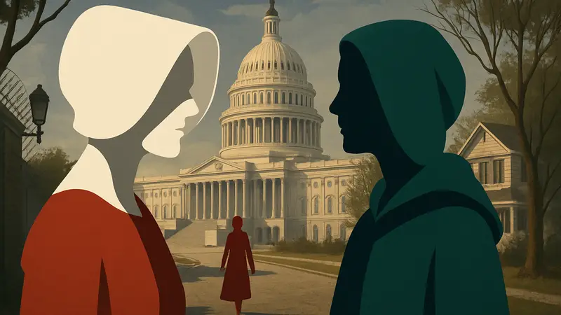 Обложка или кадры из сериалов «Рассказ служанки» и «Заветы» Маргарет Этвуд.