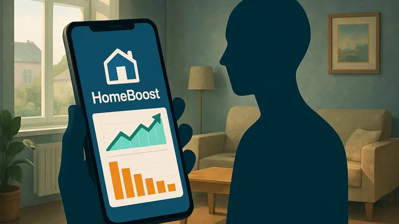 Логотип приложения HomeBoost на экране смартфона, демонстрирующий графики экономии энергии и коммунальных платежей.
