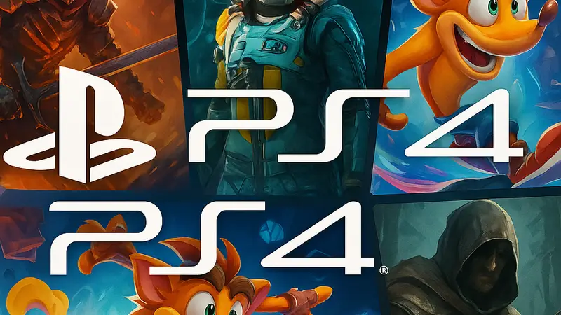 Логотипы PlayStation 5 и PlayStation 4 на фоне обложек новых игровых релизов.