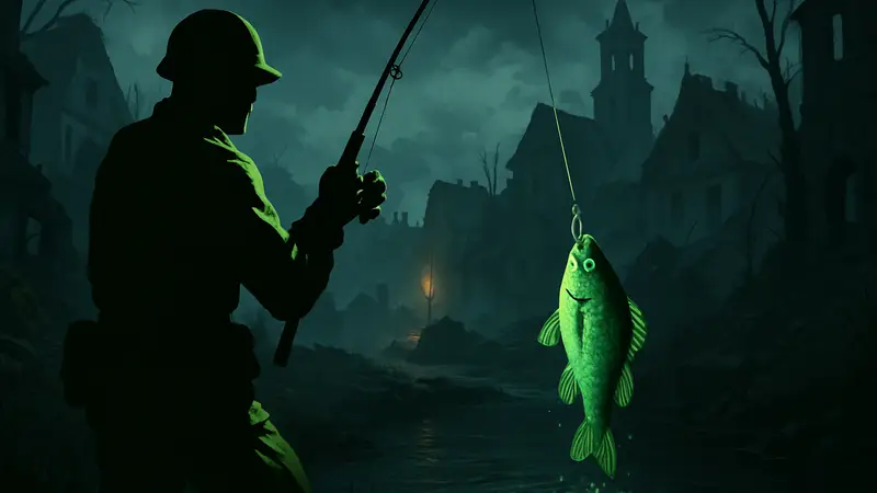 Скриншот Call of Duty Black Ops 7 Zombies, где игрок ловит рыбу в Totenreich