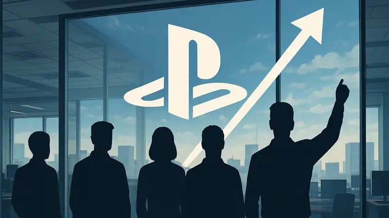 Логотип PlayStation на фоне силуэтов разработчиков, символизирующий повышение зарплат в Sony.