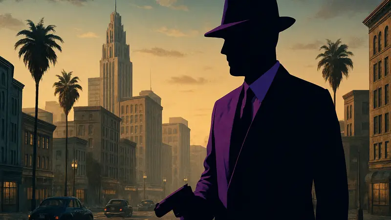 Игровой персонаж из LA Noire на фоне города, отмечая 15-летие игры.