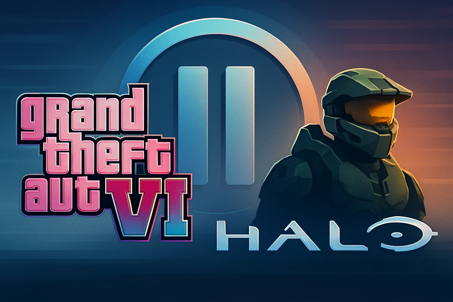 Логотипы Grand Theft Auto 6 и Halo рядом, на заднем плане символ задержки или паузы.