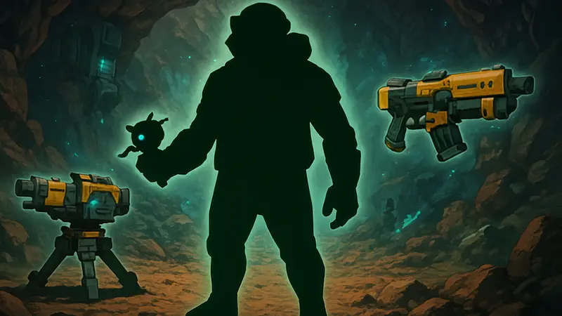 Игровой персонаж Споттер из Deep Rock Galactic: Rogue Core, окруженный улучшениями и оружием.