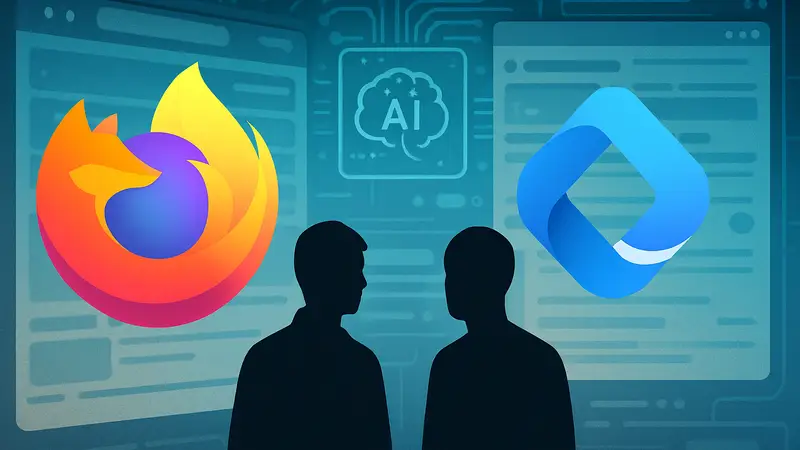 Логотипы Mozilla Firefox и Microsoft Copilot на фоне компьютерного интерфейса, символизирующего ИИ в браузерах